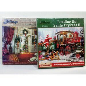 Heritage Puzzles 550 Pc Jigsaw Ribbons And Bows & Loading Up Santa Express II